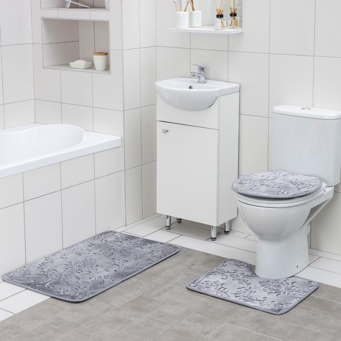 Набор ковриков для ванны и туалета Доляна «Грация», 3 шт: 50×80, 50×40, 45×40 см, цвет серый