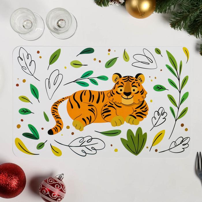 Салфетка на стол "Тигр" нарисованный символ года, листья, белый фон, ПВХ, 40 х 25 см,